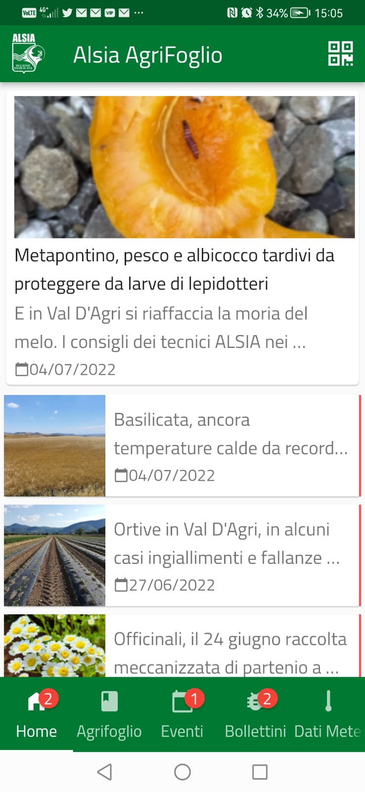 La schermata principale della app ALSIA