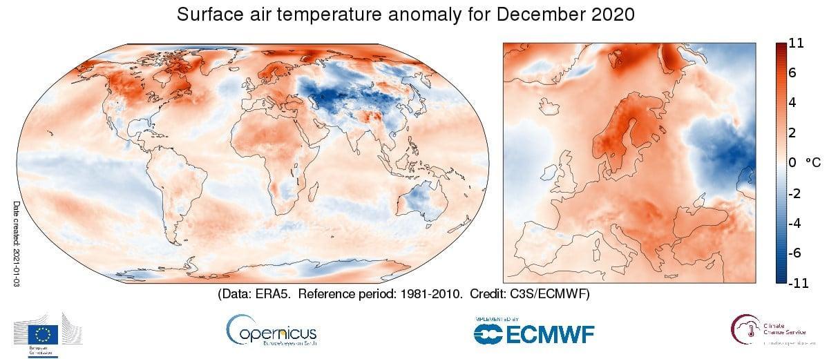 Fig. 1. Anomalia termica in Europa e nel mondo in dicembre 2020 (Fonte: Copernicus Climate Change Service/ECMWF)
